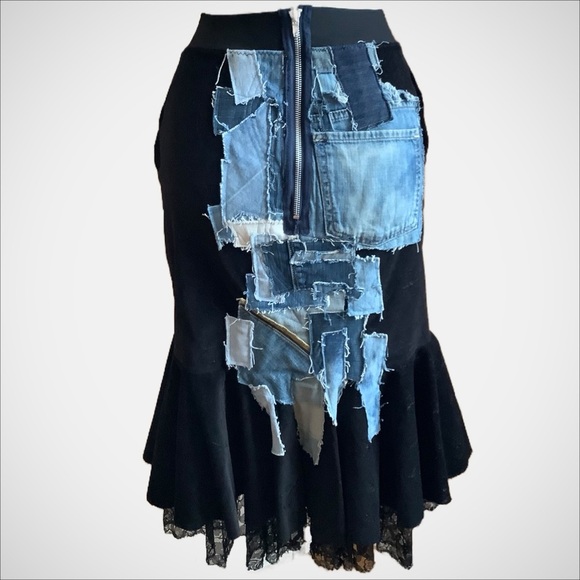 LOVEMATTERS Designer Black Corduroy & Patchwork Denim Skirt Size XS - Picture 3 of 16